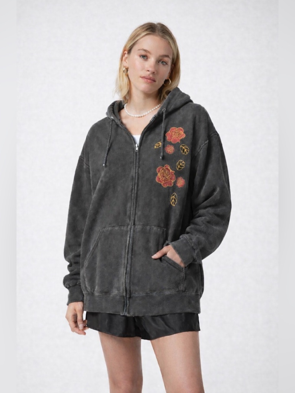 2Pac Tupac Rose Graphic Oversized Unisex Zip Hoodie Washed Black Streetwear Sz L - Picture 5 of 10